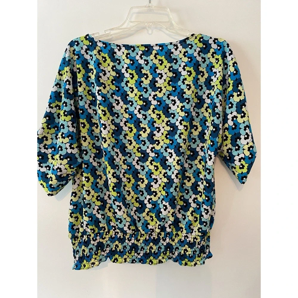 Michael Kors Short Sleeve Blouse Sz Large Smocked Hem Blue Teal Floral Designer